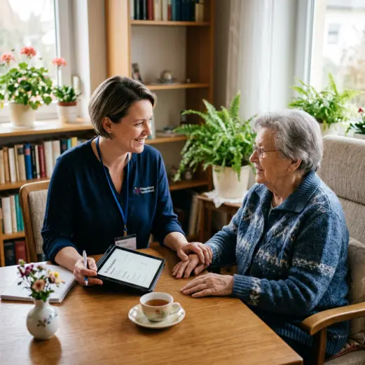 Zwei Frauen sitzen an einem Holztisch, eine h&auml;lt ein Tablet und h&auml;lt die Hand der anderen, im Hintergrund Pflanzen und B&uuml;cherregal