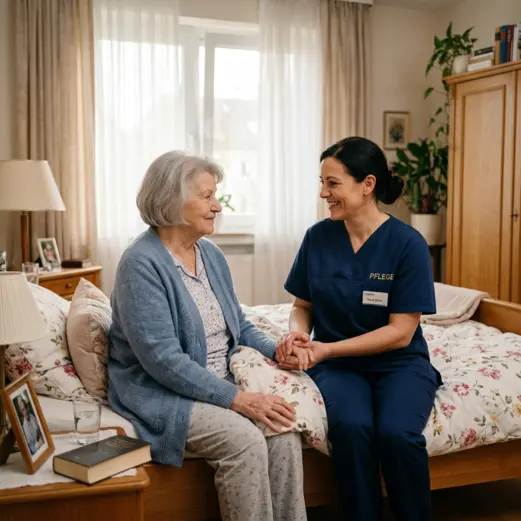 Eine &auml;ltere Frau sitzt auf einem Bett in einem Schlafzimmer, eine Pflegekraft in blauer Uniform h&auml;lt ihre Hand und sitzt neben ihr